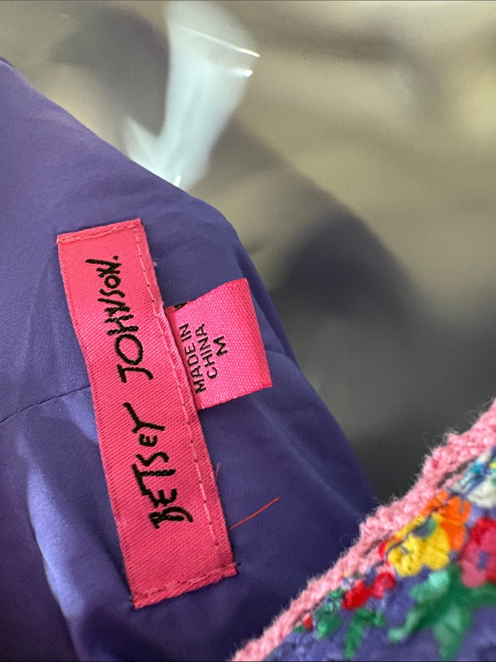 Betsey Johnson Purple Floral Tiered Mini Dress with Pink Trim - Picture 2 of 4